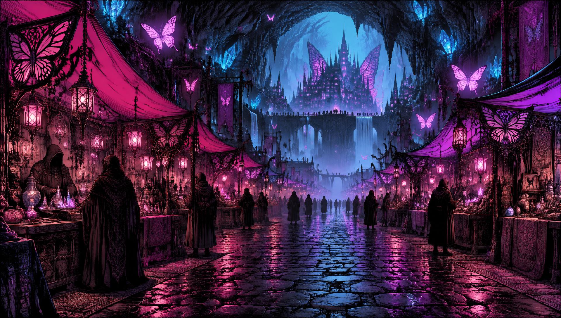 A vast underground market glowing blue, with the butterfly castle in the distance